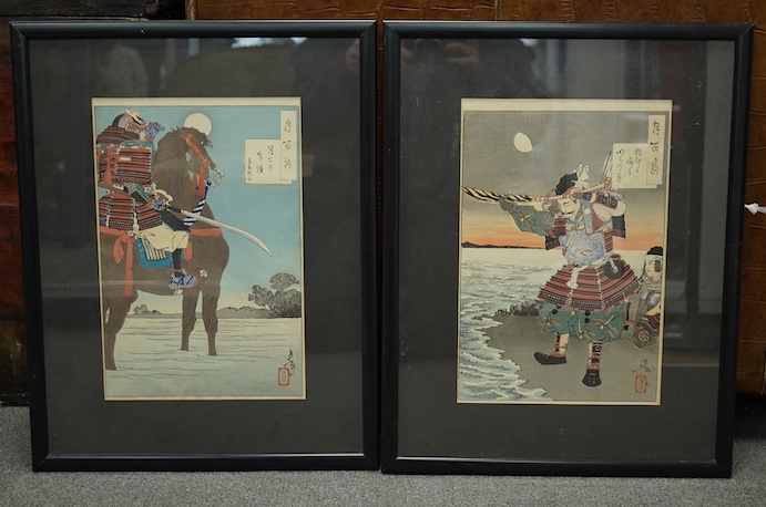 Tsukioka Yoshitoshi (1839-1892), pair of Japanese woodblock prints to include Horse and Warrior, 34 x 23cm. Condition - good